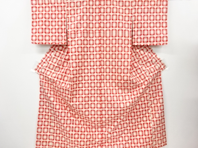 未使用品　変わり格子模様織り出し手織り紬着物